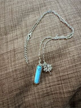 Silver Chain Necklace with Turquoise Bar Pendant and Tree Charm